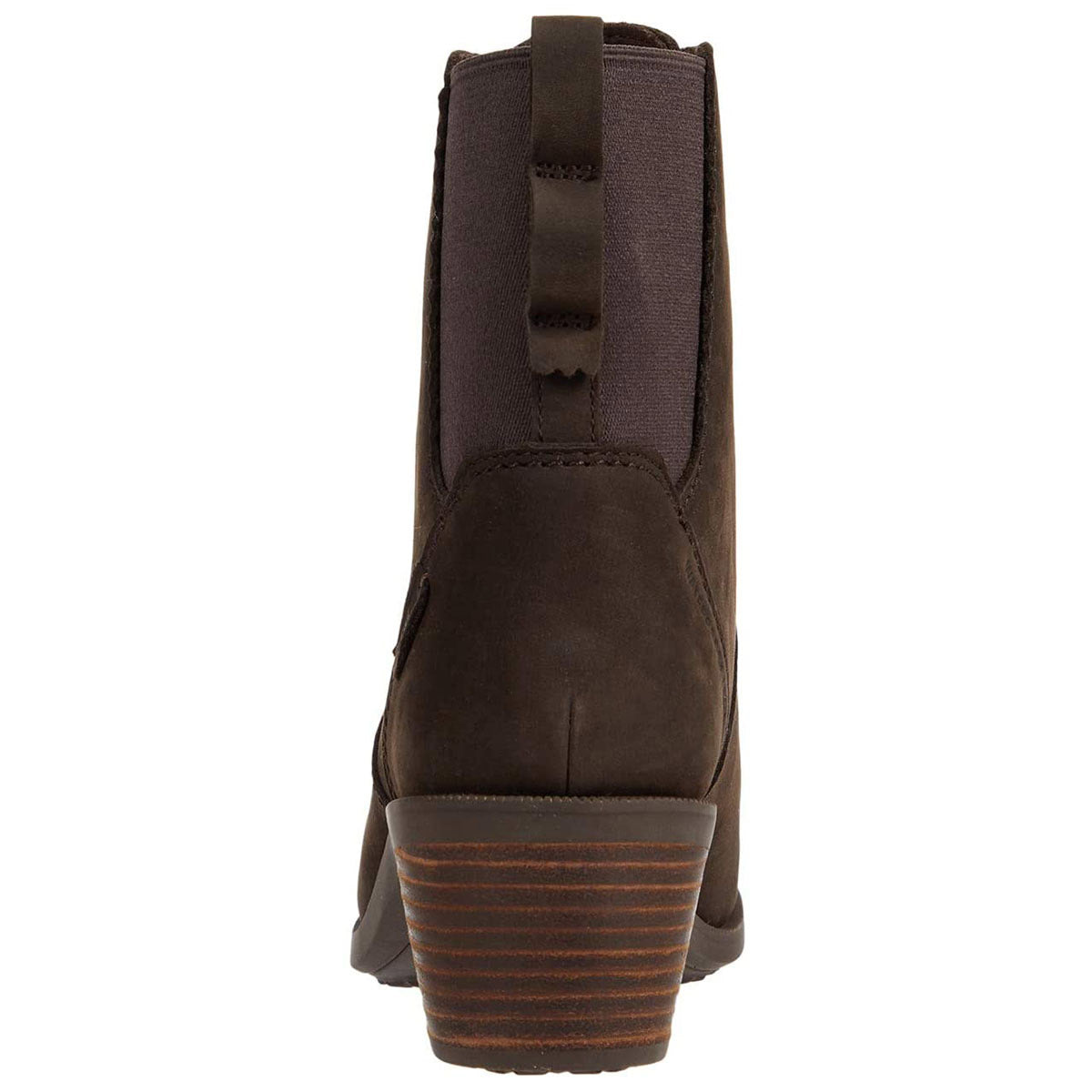 Rear view of a brown Teva Anaya Lace Up Chocolate-Womens boot with a block heel and elastic side panel.