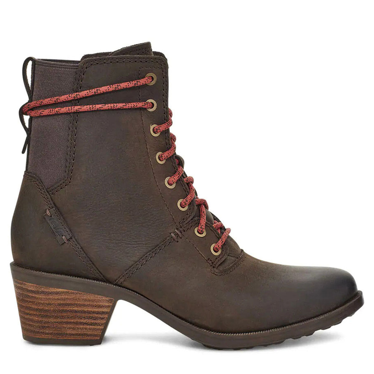 Brown leather heeled ankle boot with red laces and a rubber outsole, like the Teva Anaya Lace Up Chocolate - Womens.