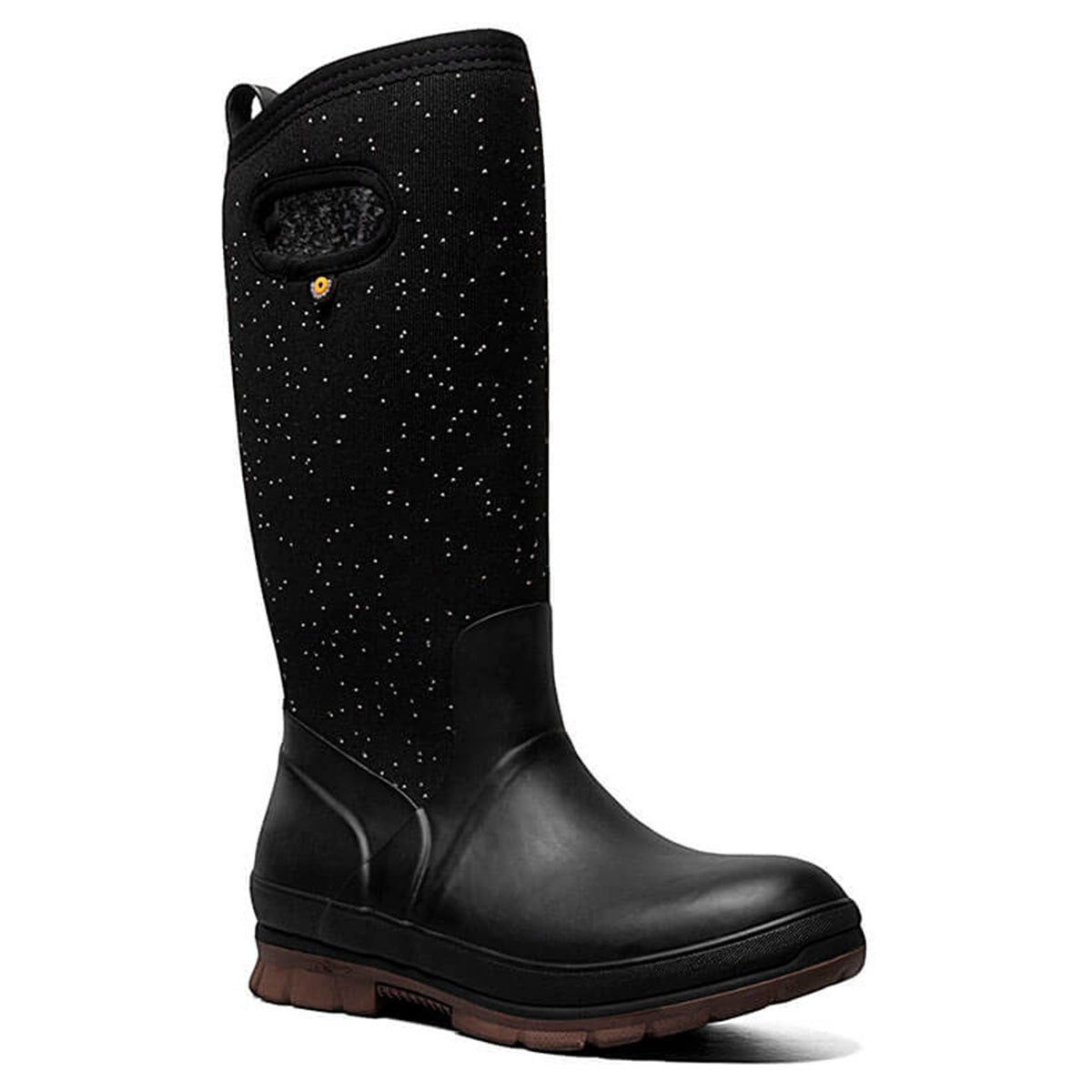A black, knee-high Bogs Crandall Tall Speckle boot with a glittery upper and a slip-resistant outsole.