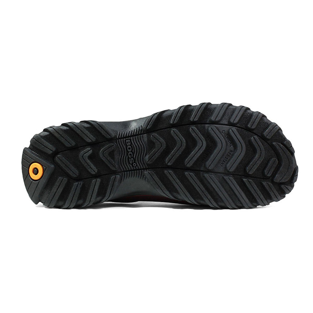 Black BioGrip slip-resistant outsole of a BOGS SAUVIE SLIP ON BLACK - MENS with tread pattern and a circular orange logo.