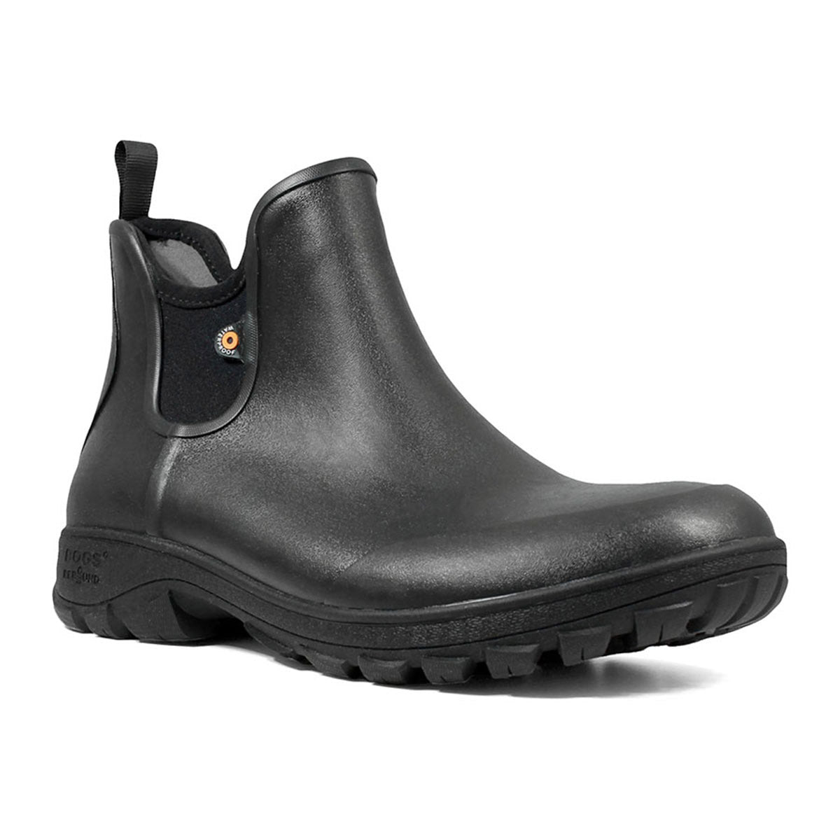 A black, waterproof ankle boot with elastic side panels and a BioGrip slip-resistant outsole - Bogs Sauvie Slip On Black.