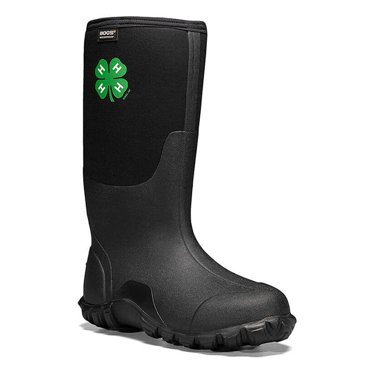 Sentence with replacement: Black Bogs Classic Tall 4H men's boot with waterproof insulation and eco-friendly symbols on the upper shaft.