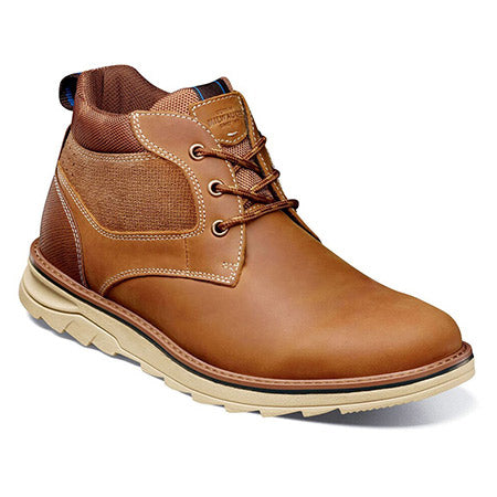 Brown leather Nunn Bush Luxor Chukka Tan casual boot with white sole and Memory Foam insole.