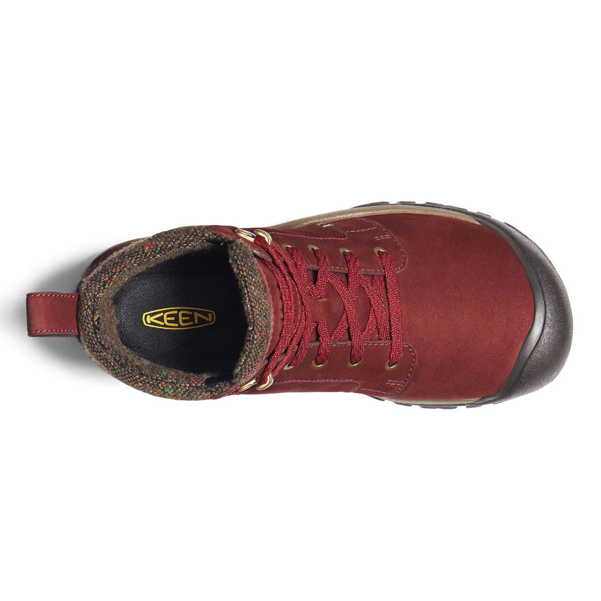 Top-down view of a single red Keen KACI II Winter Mid WP Andorra/Canteen hiking boot featuring KEEN.DRY waterproof technology.
