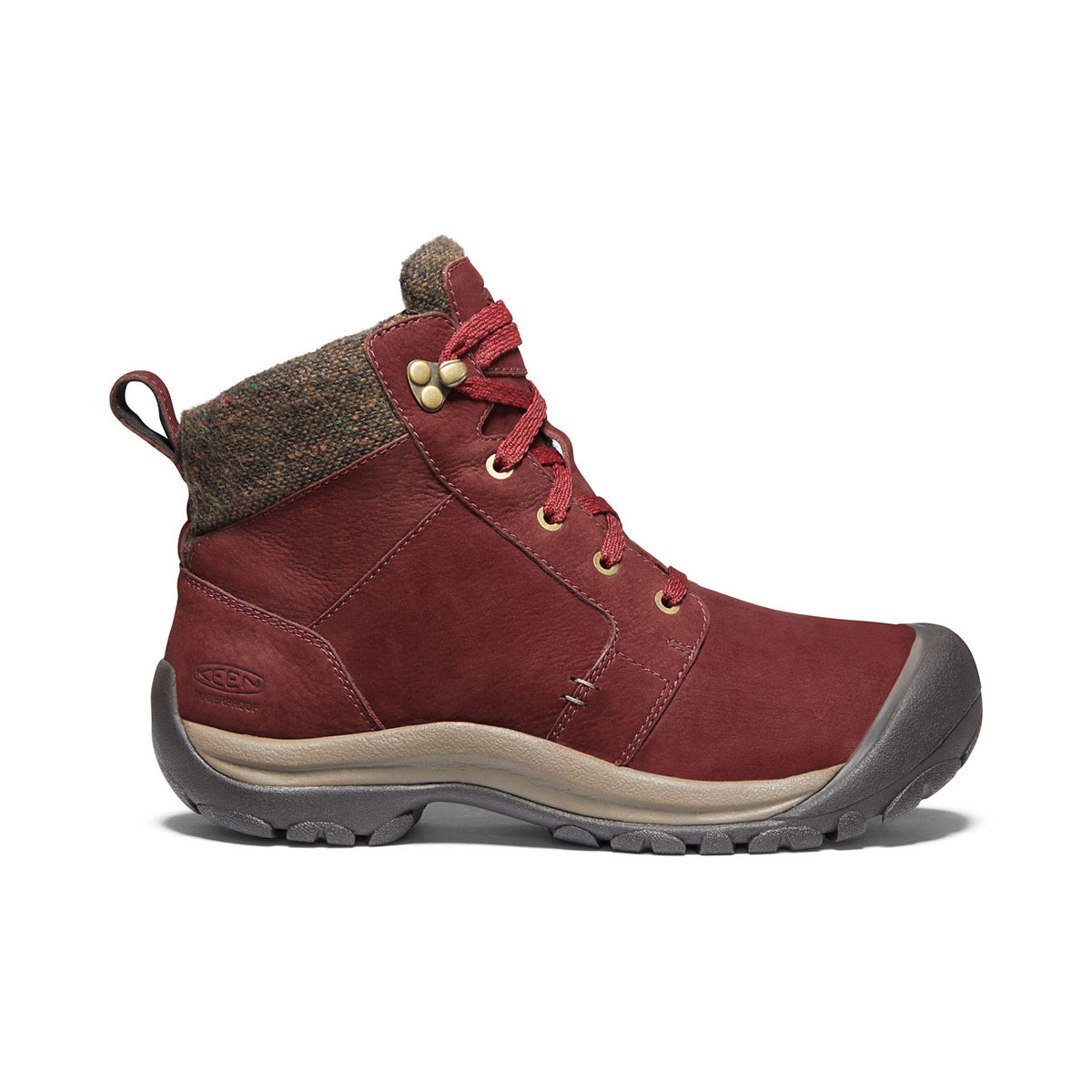 A single red Keen Kaci II Winter Mid WP Andorra/Canteen hiking boot with a brown sole and tweed collar, featuring KEEN.DRY waterproof technology.