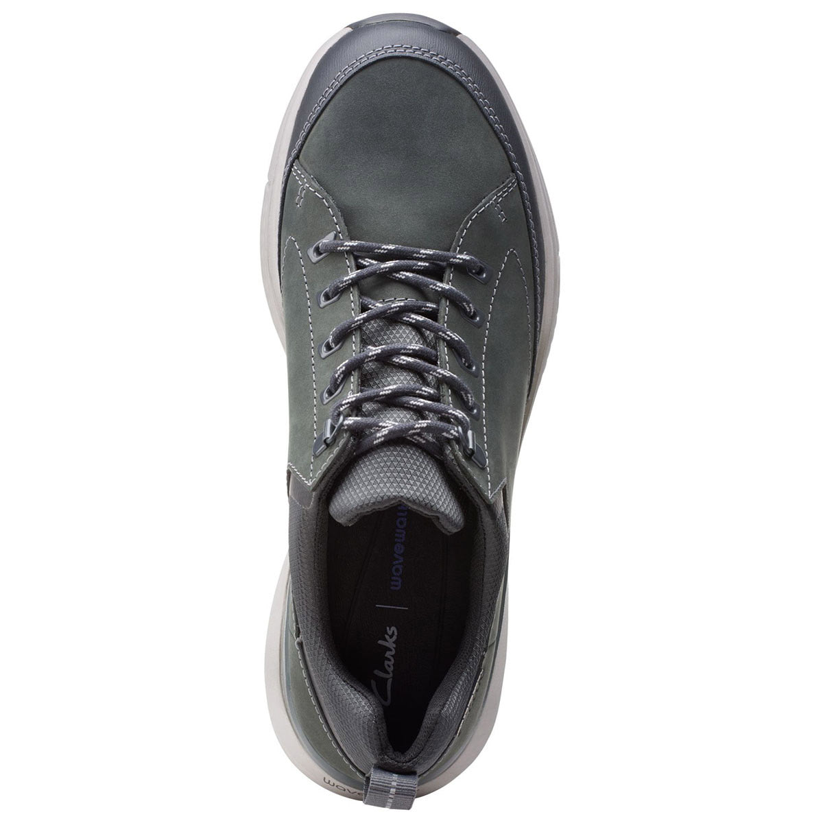 Top-down view of a single Clarks Wave 2.0 Vibe Grey - Mens sneaker with laces, featuring premium leather uppers.