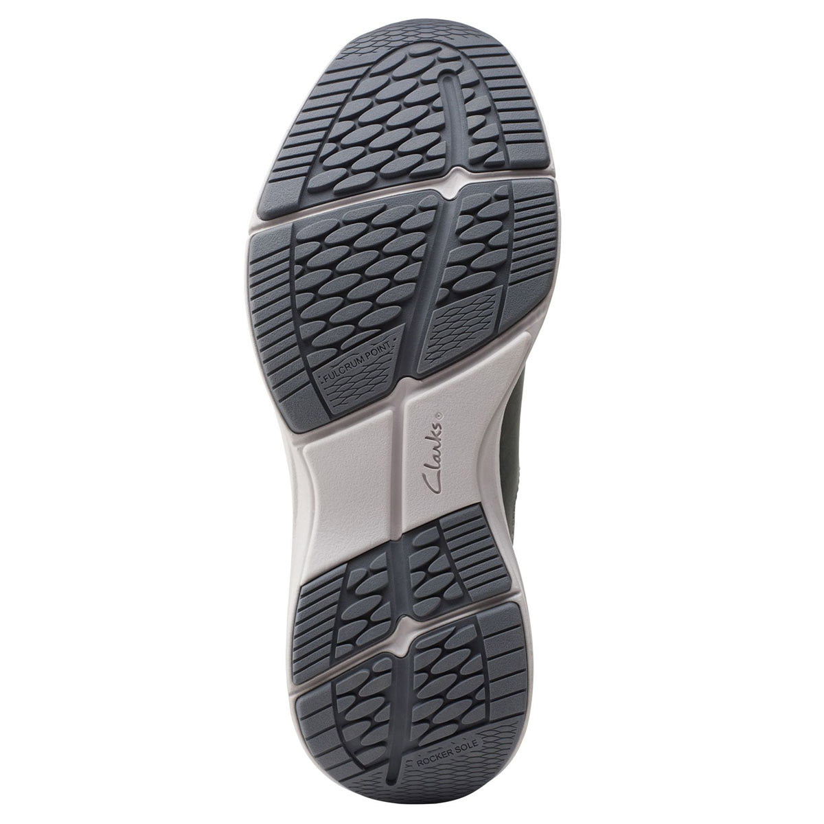 Tread pattern of a Clarks Wave 2.0 Vibe Grey - Mens shoe sole with branding detail.