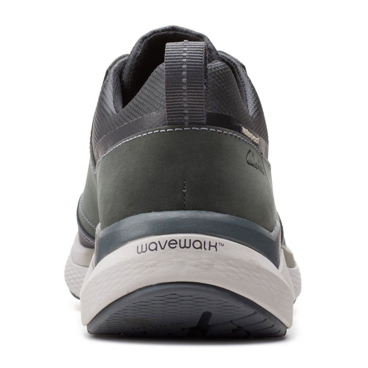 Rear view of a gray athletic shoe with &quot;Wave Walk&quot; branding, featuring CLARKS WAVE 2.0 VIBE GREY - MENS with premium leather uppers.