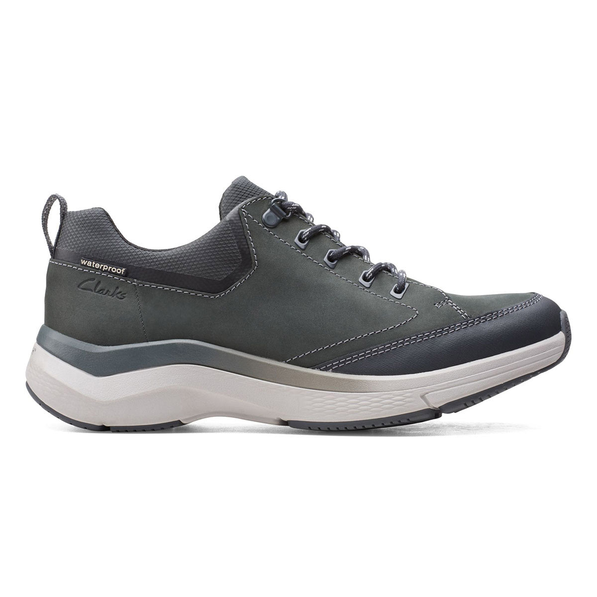 A single Clarks Wave 2.0 Vibe Grey - Mens waterproof casual walking shoe with premium leather uppers displayed against a white background.