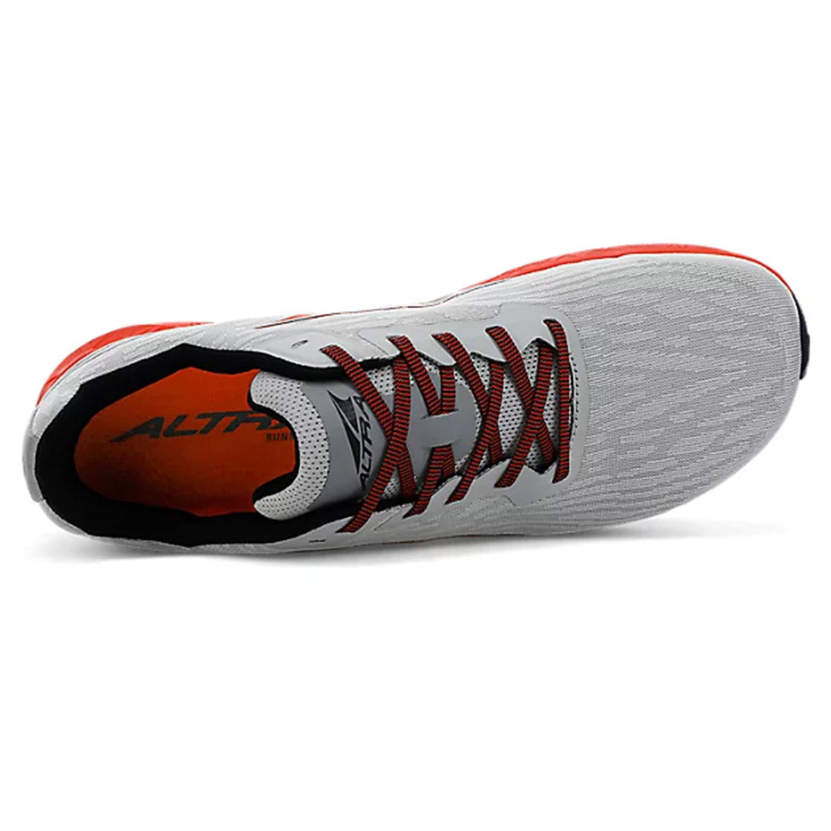 Top-down view of a gray and orange Altra Rivera running shoe with laces, featuring FootShape and Balanced Cushioning.