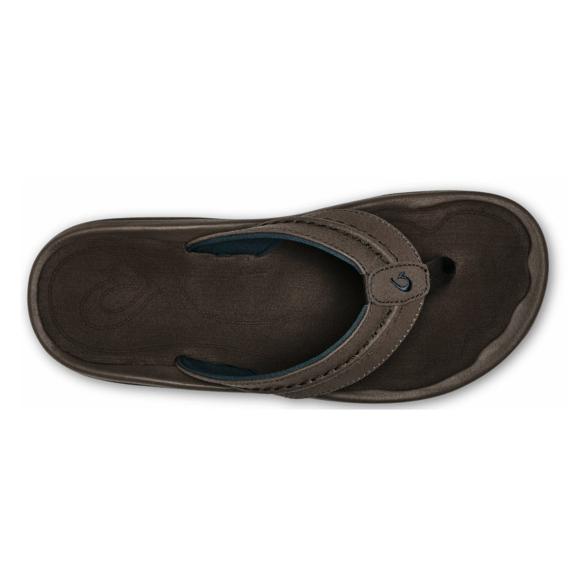 A single brown Olukai Hokua Dark Wood flip-flop with a blue inner lining displayed on a white background.