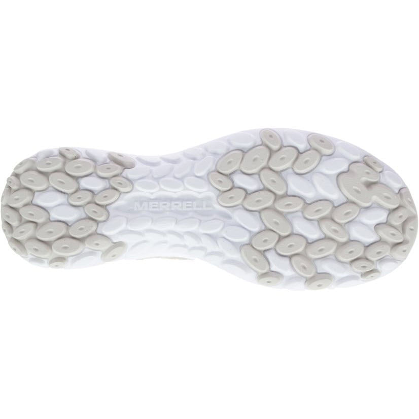 Tread pattern of a Merrell Cloud Moc Vent Moonbeam shoe sole, designed for lightweight comfort.