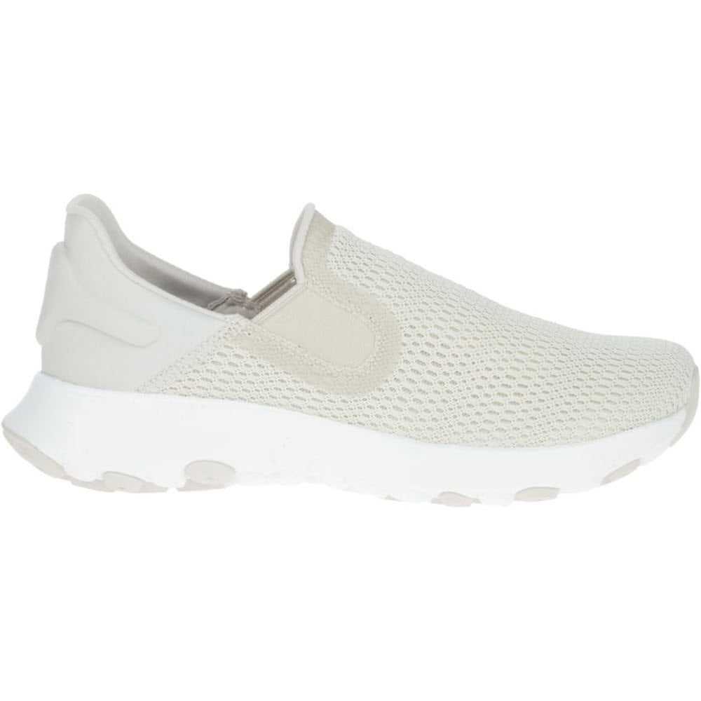 Side view of a Merrell Cloud Moc Vent Moonbeam - Womens, an eco-friendly, light-colored slip-on athletic sneaker with a breathable knit upper and a chunky white sole.