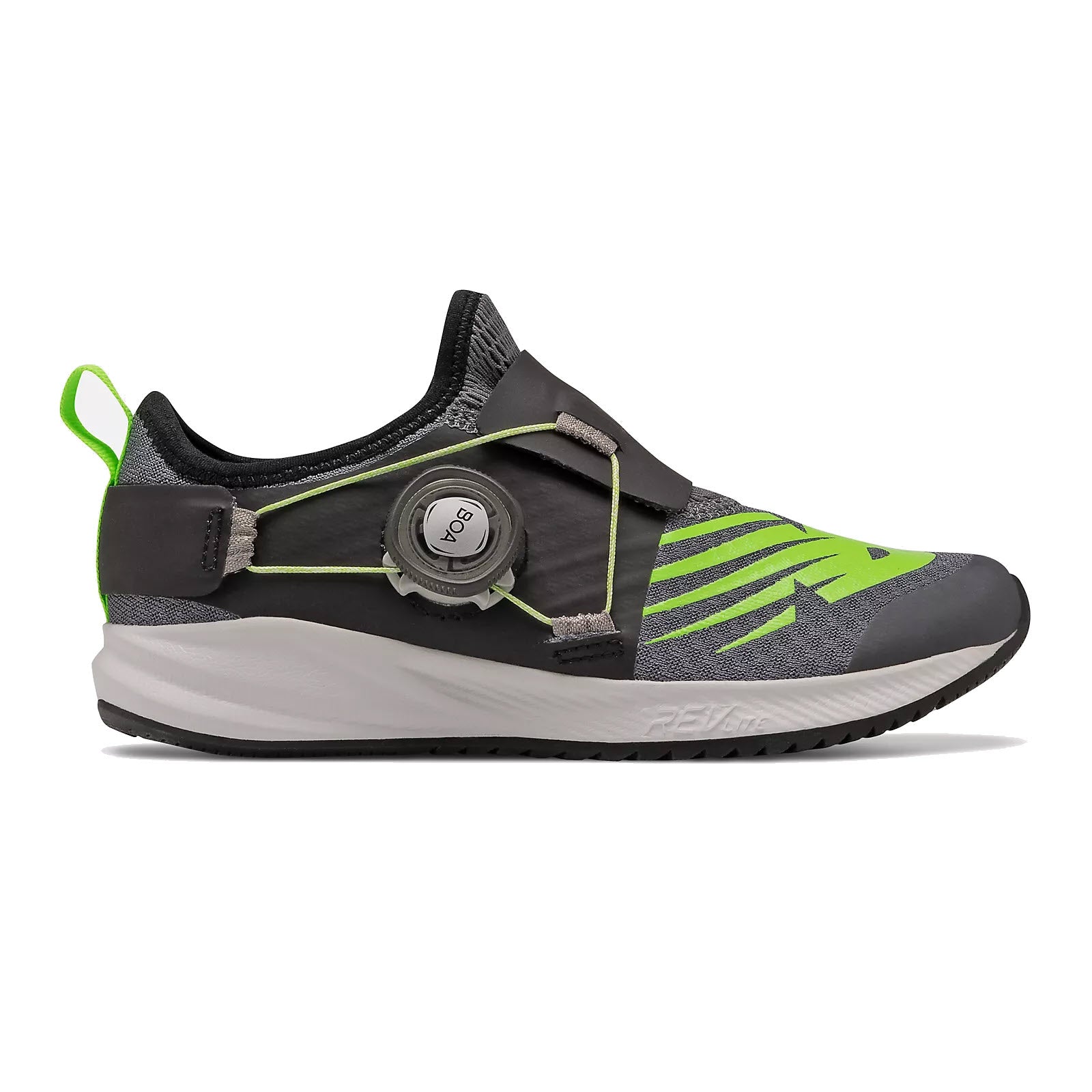 A modern athletic shoe featuring the New Balance FuelCore Reveal Boa Lead/Black/Green - Kids and a vibrant green accent.