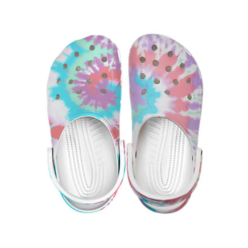 A pair of Crocs Classic Tie Dye Fresco Multi Clogs viewed from above.