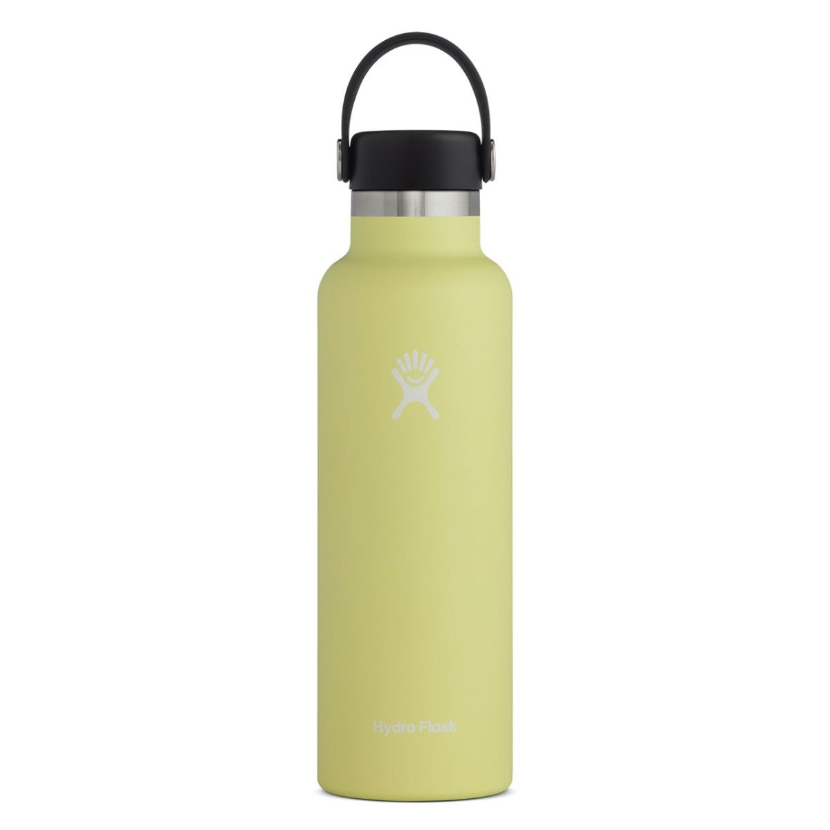 A yellow Hydro Flask 21 oz Standard Mouth Pineapple water bottle with a black standard mouth lid and handle.