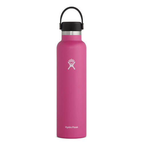 Hydro Flask 24 oz standard mouth carnation insulated stainless steel water bottle with TempShield double wall insulation, a logo, and a black cap.