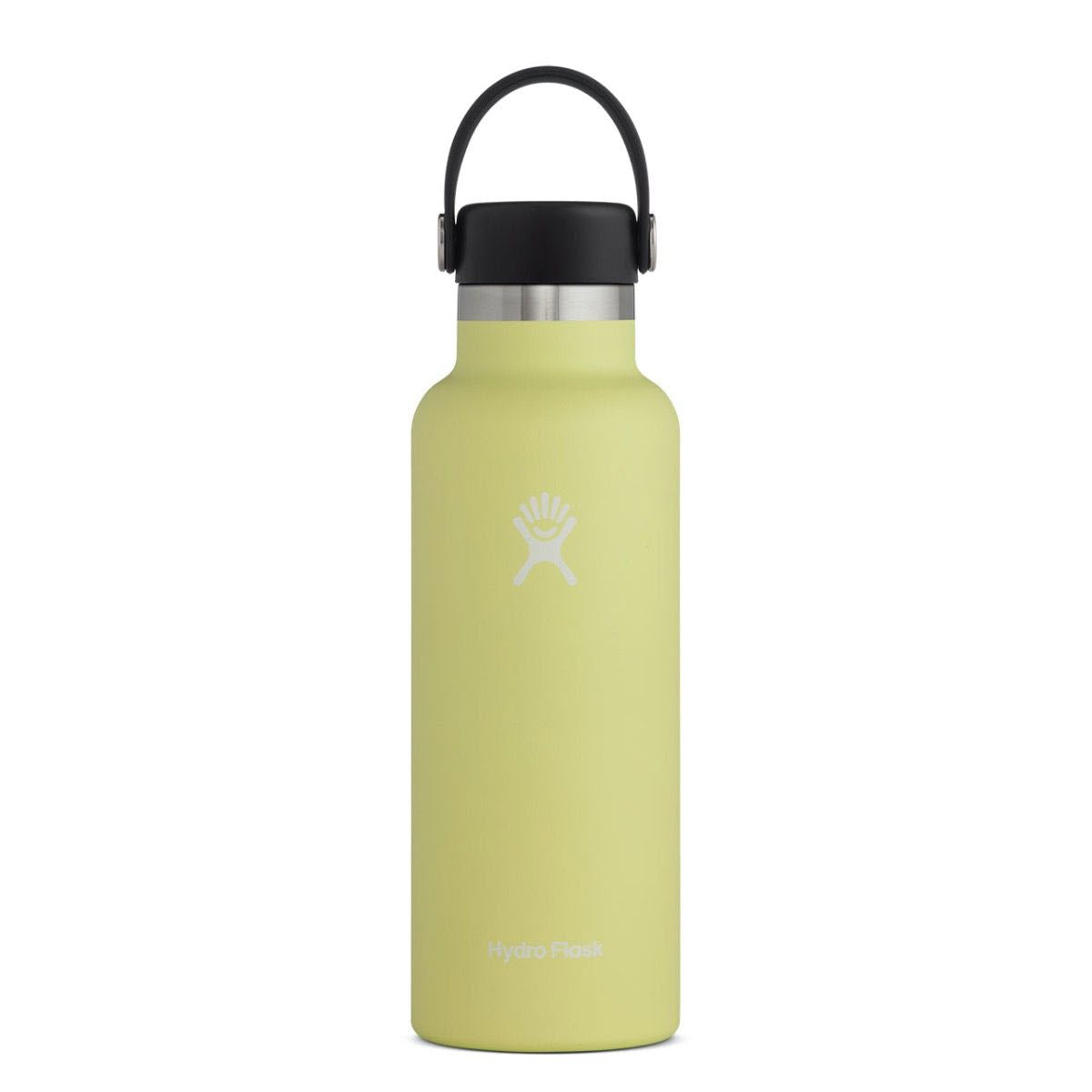 Yellow Hydro Flask 24 oz water bottle with TempShield™ insulation, a black lid, and carrying handle.