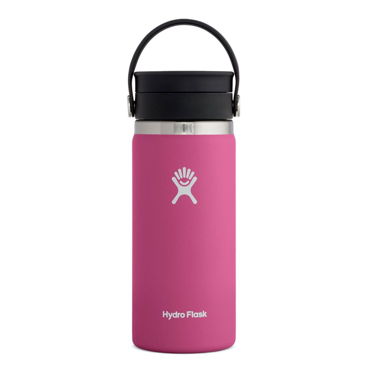Pink Hydro Flask 16oz Wide Mouth Flex Sip Carnation water bottle with a handle.