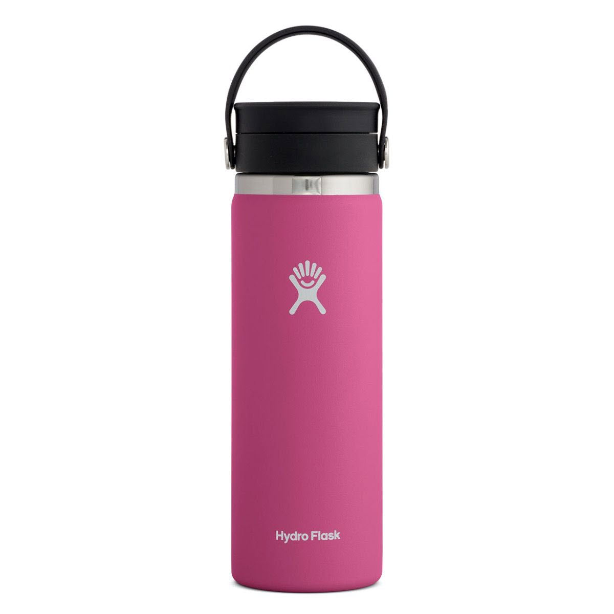 A pink Hydro Flask 20oz wide mouth flex carnation stainless steel bottle with a logo and a black lid on a white background.