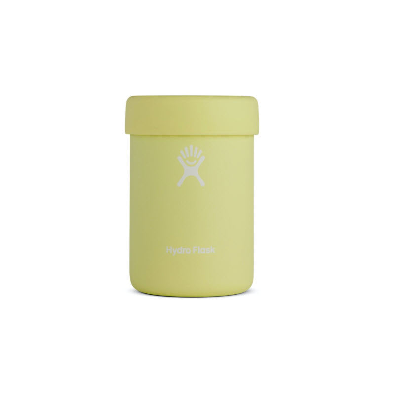 Yellow Hydro Flask 12 oz Cooler Cup Pineapple with a silicone sleeve on a white background.
