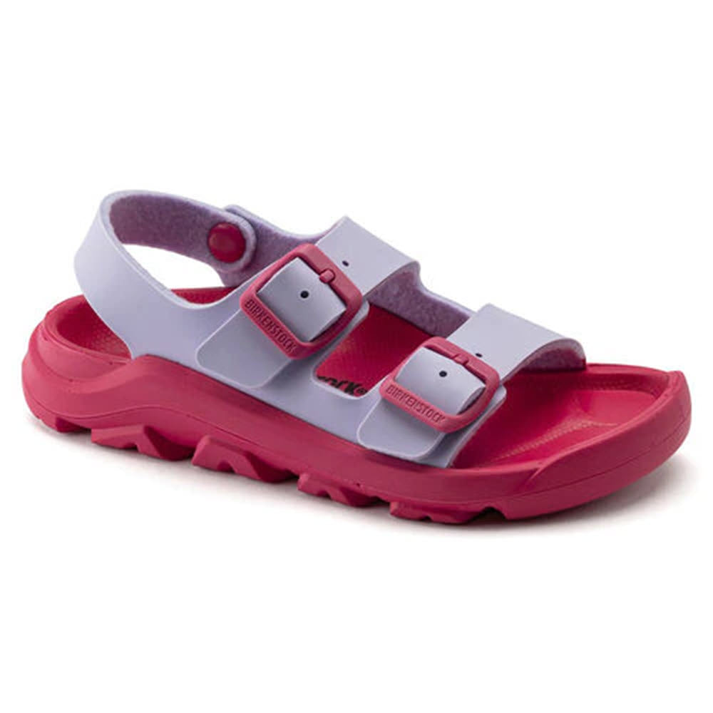 A pair of red Birkenstock Mogami ICY PURPLE FOG/PINK sandals with adjustable straps and a waterproof footbed on a white background.