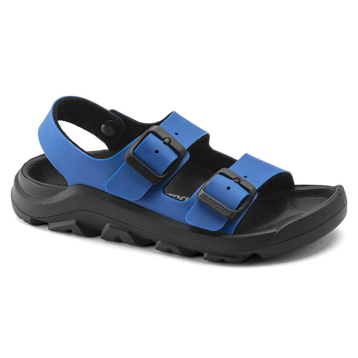 A pair of blue and black Birkenstock Mogami sports sandals with adjustable straps and a waterproof footbed. 
Replace with:
A pair of BIRKENSTOCK MOGAMI ICY ULTRA BLUE/BLACK - KIDS sports sandals with adjustable straps and a waterproof footbed.