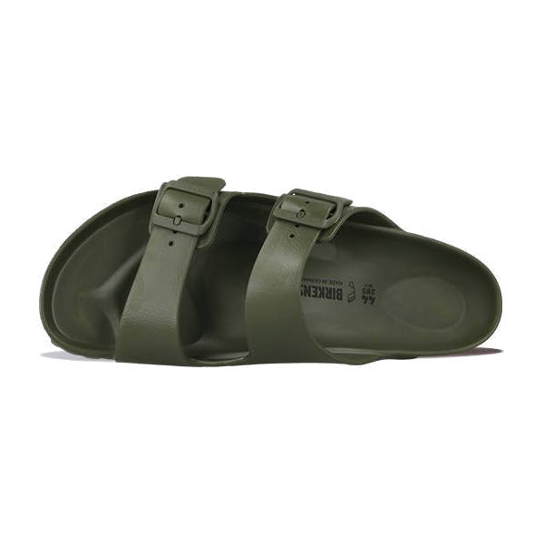 Olive green, single-strap Birkenstock Men’s Arizona EVA Khaki sandals with buckles and a shock-absorbing footbed on a white background.