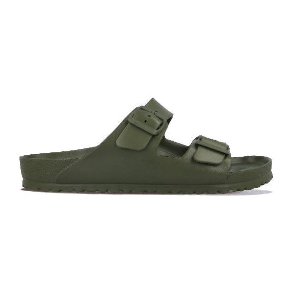 Olive green Birkenstock Men&#39;s Arizona EVA slide sandal with adjustable buckle straps.