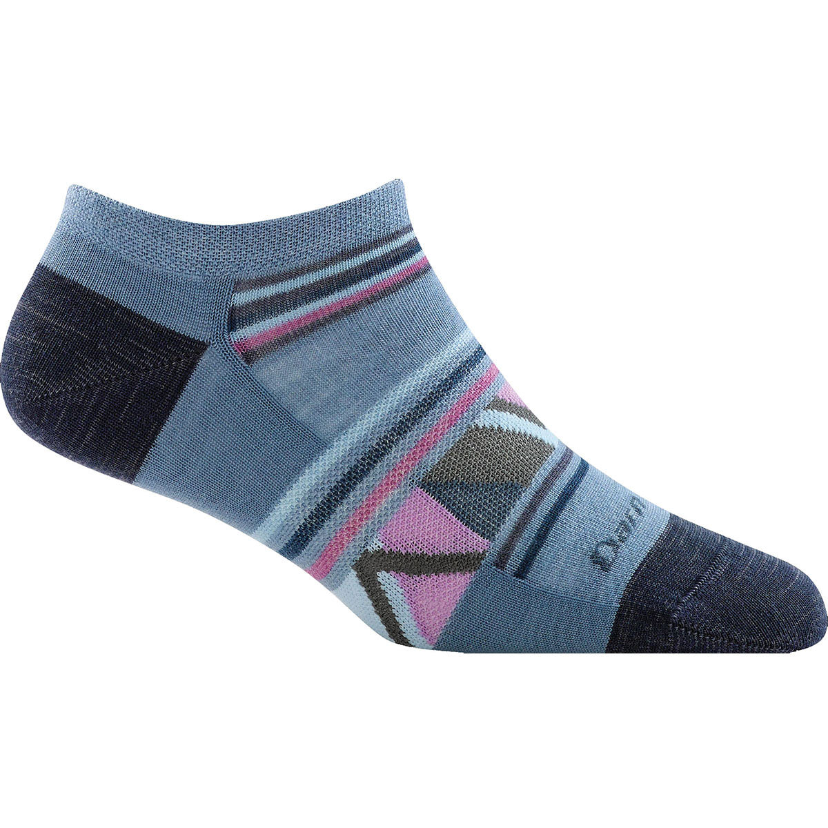 A single Darn Tough Bridge No Show Blue low-cut athletic sock with a blue and pink geometric pattern, made from fast action wicking merino wool.