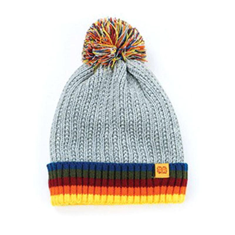 Knitted BRITS KNITS PLUSH LINED HAT KIDS GREY with a pom-pom and striped, ribbed cuff from Britts Knits.