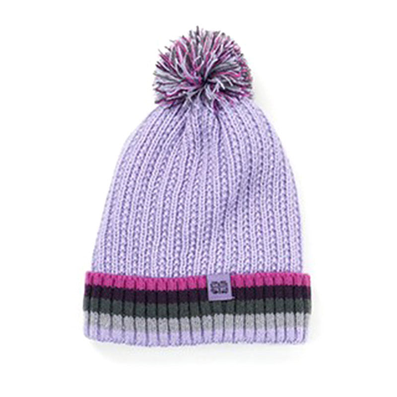 Sentence with replaced product name and brand name: A BRITS KNITS PLUSH LINED HAT KIDS LAVENDER beanie with a pom-pom and a striped band.