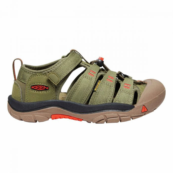 Olive green Keen Child Newport H2 summer sandal with orange accents and a bungee lace system.