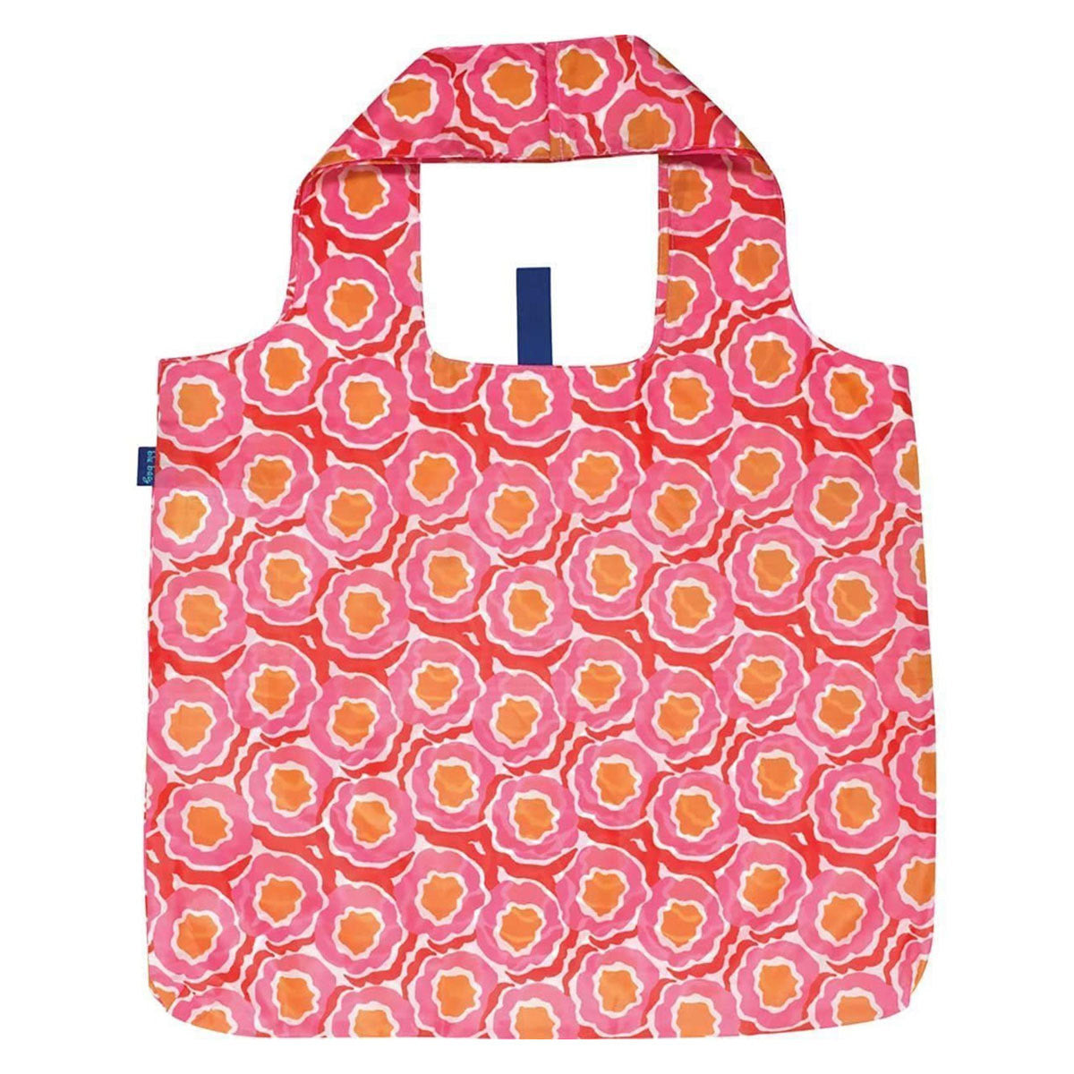 Rockflowerpaper reusable shopping bag with a red and orange floral pattern, designed by Rockflowerpaper Blue Bag.