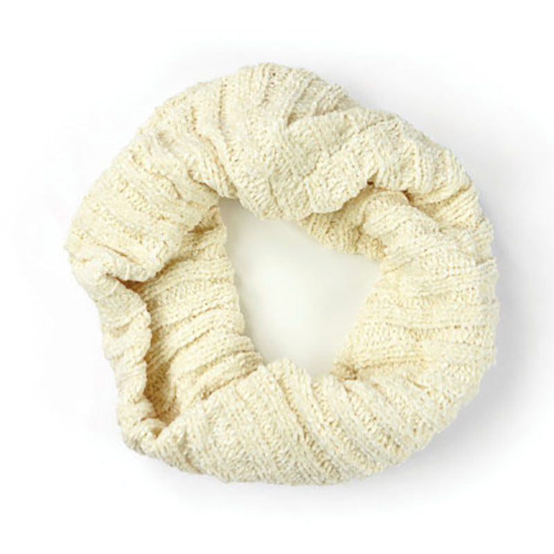 Brits Knits beige chenille knit scrunchie on a white background.