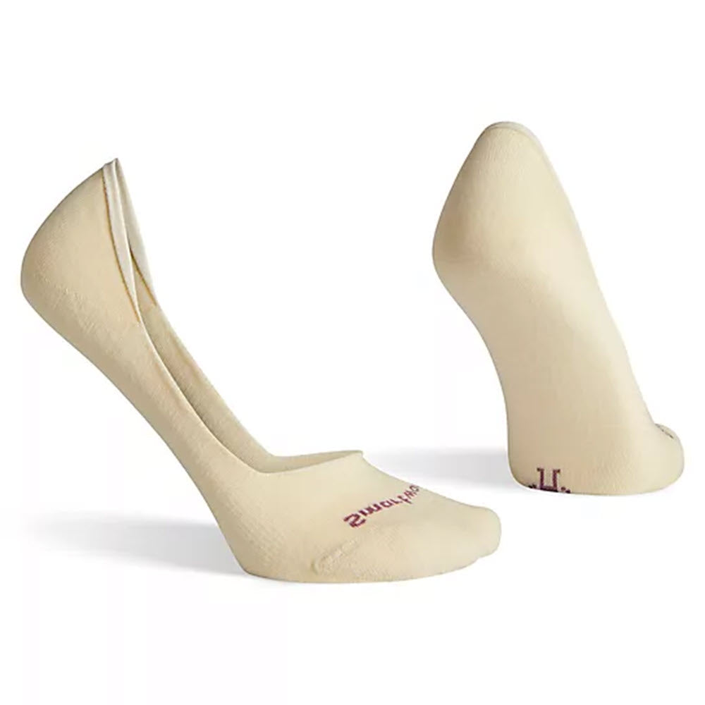 A pair of beige, Smartwool Secret Sleuth socks Natural with an internal silicone heel gripper, set against a white background.