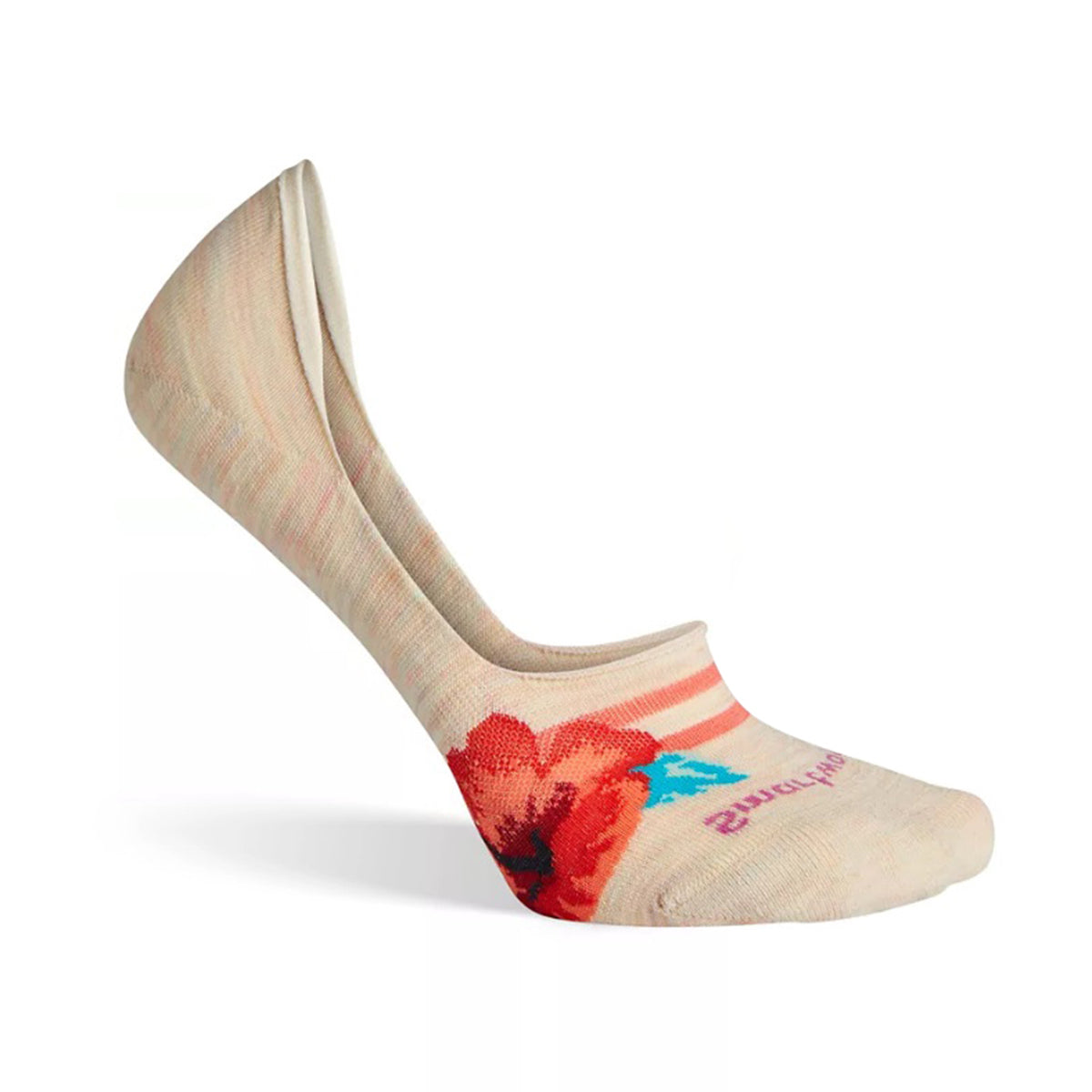 A single SMARTWOOL SOX HIDE & SEEK HIBISCUS MOONBEAM women's sock with a floral pattern and logo on a white background, made of merino wool by Smartwool.