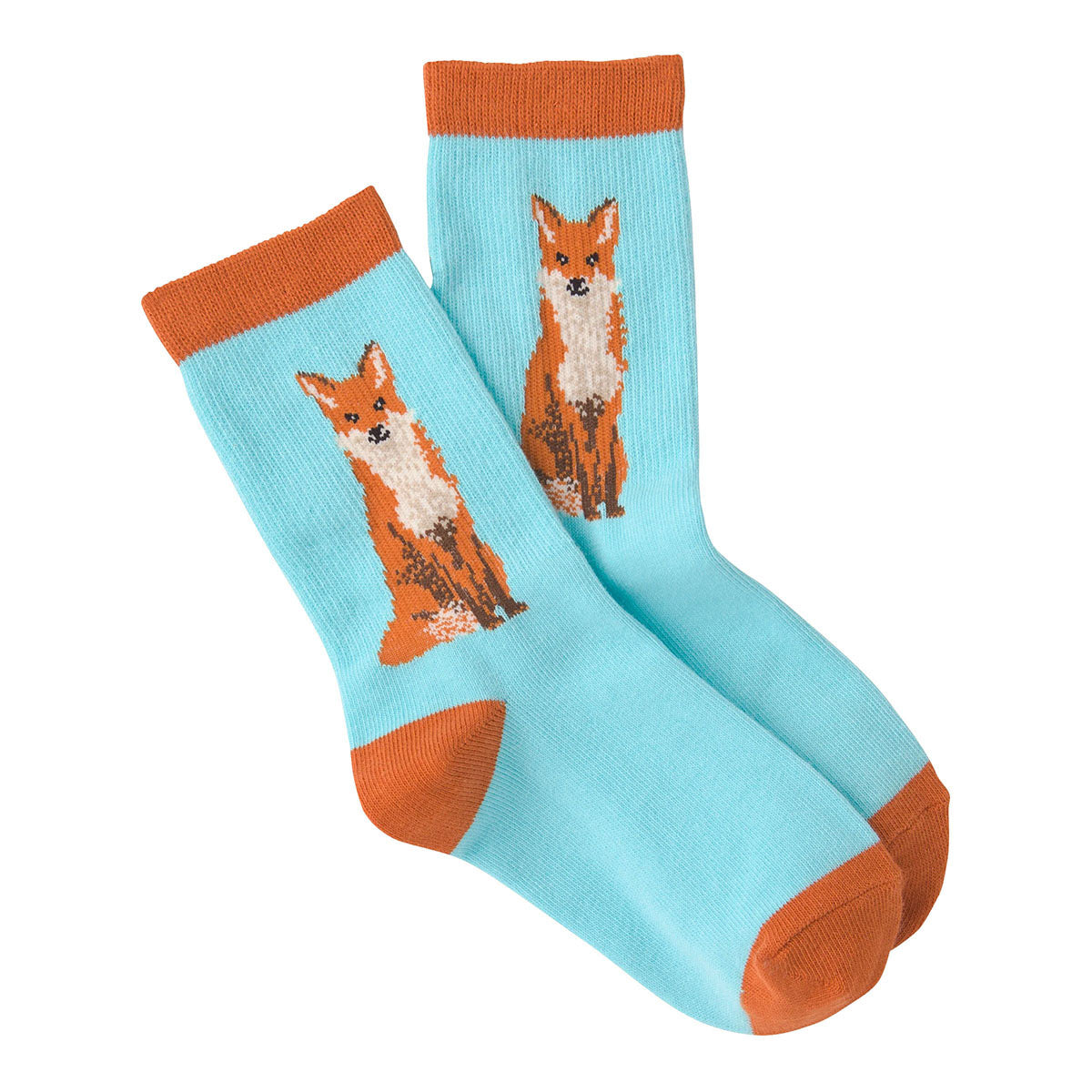 A pair of K. Bell Socks Foxy Crew Turquoise children&#39;s socks with orange cuffs and red fox print patterns.