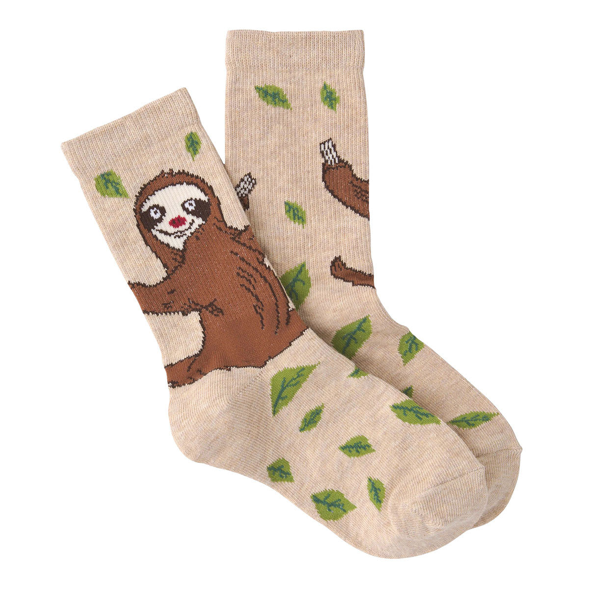 A pair of beige K. Bell Crew children's socks decorated with a sloth design and green leaves.