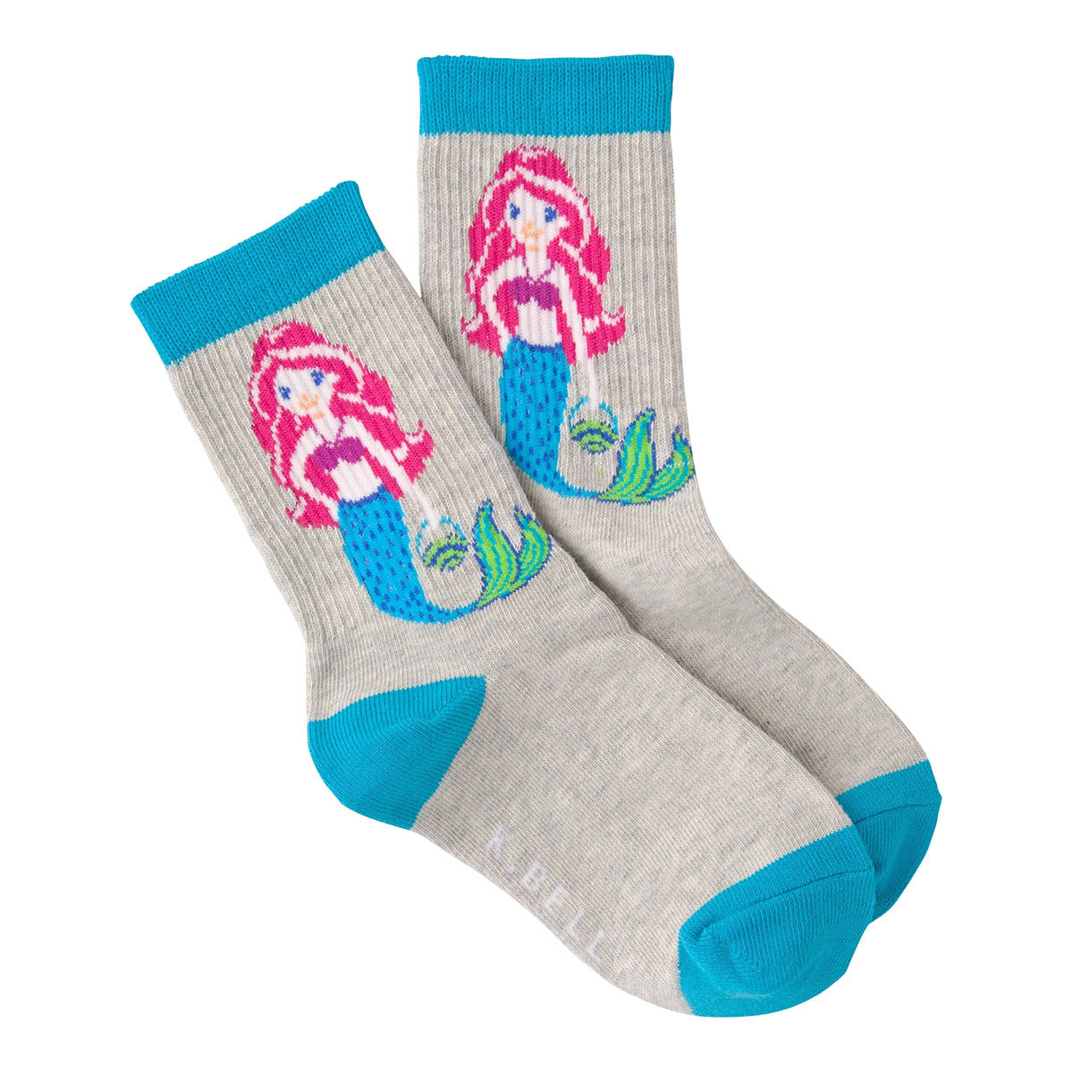 A pair of K Bell Socks Mermaid Crew Grey with a blue trim and a Mermaid Crew design on the ankles by K. Bell.