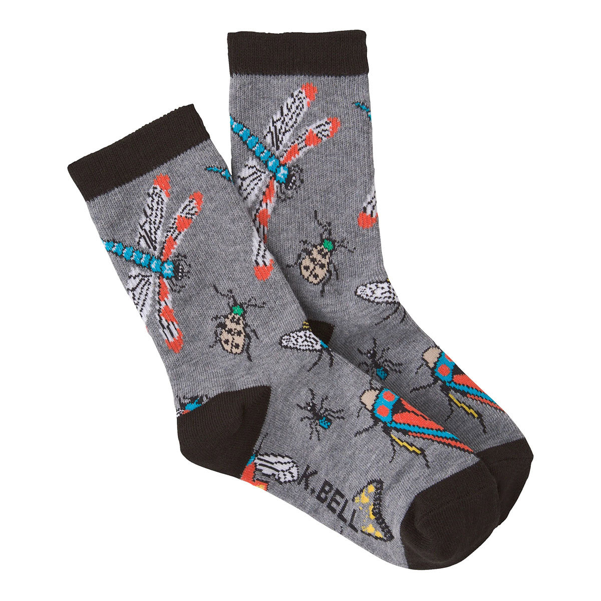 Pair of K Bell Socks Insect Crew Charcoal with colorful insect and plant patterns, from the K. Bell Children's Insect Crew collection.