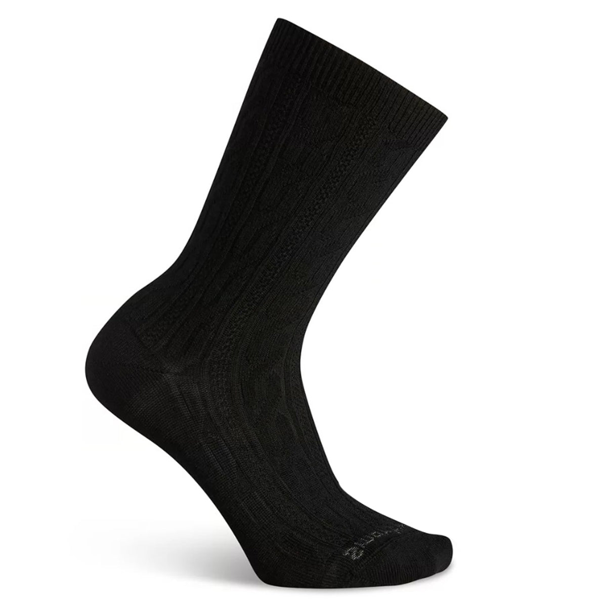 A single Smartwool women&#39;s crew sock in black isolated on a white background.