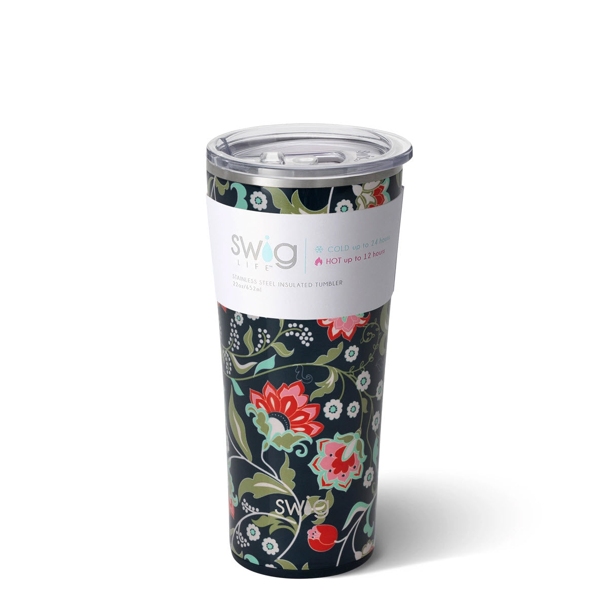 A floral patterned Swig 22 Oz Tumbler Lotus Blossom with triple insulation technology on a white background.