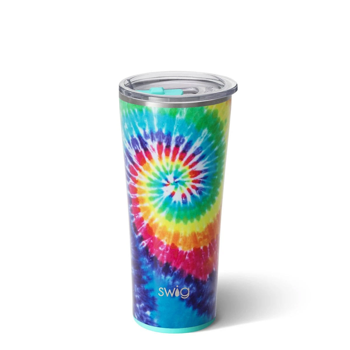 Swig 22 Oz Tumbler in Swirled Peace featuring a colorful tie-dye patterned design with triple insulation technology and comes with a lid.