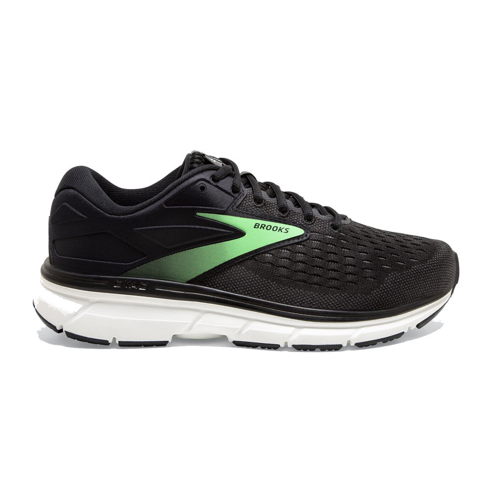 A black Brooks Dyad 11 running shoe with a green accent on the side and a white sole, offering cushioned comfort.