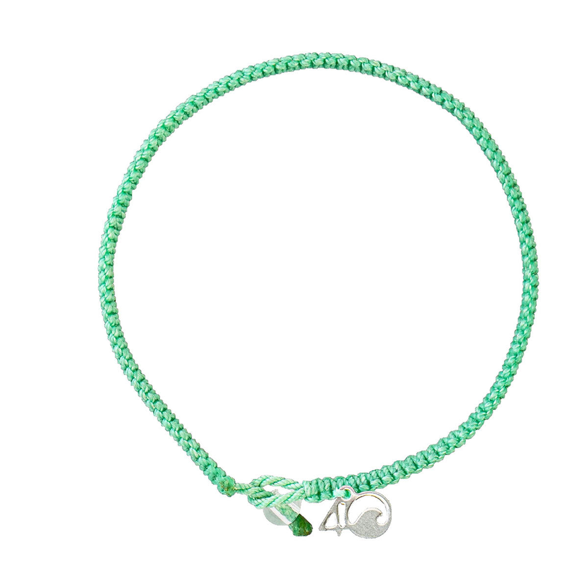 4Ocean Loggerhead Turtle Med bracelet, braided from recycled plastic bottle material, with silver charms and a green crystal.