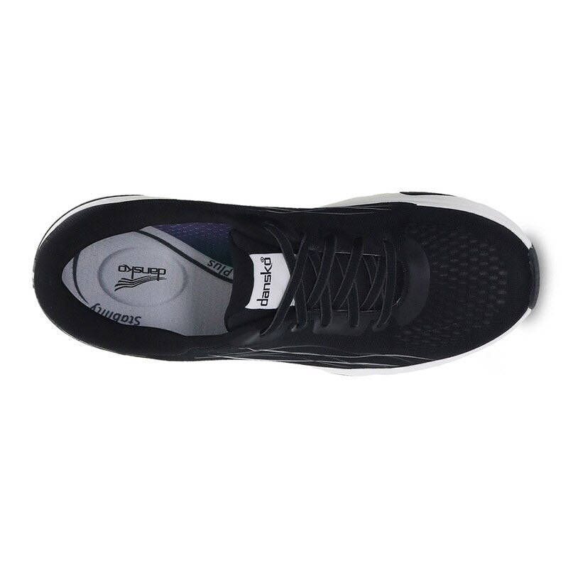Top view of a single black Dansko Pace Black Mesh walking shoe with laces, featuring the Dansko Natural Arch Plus technology.