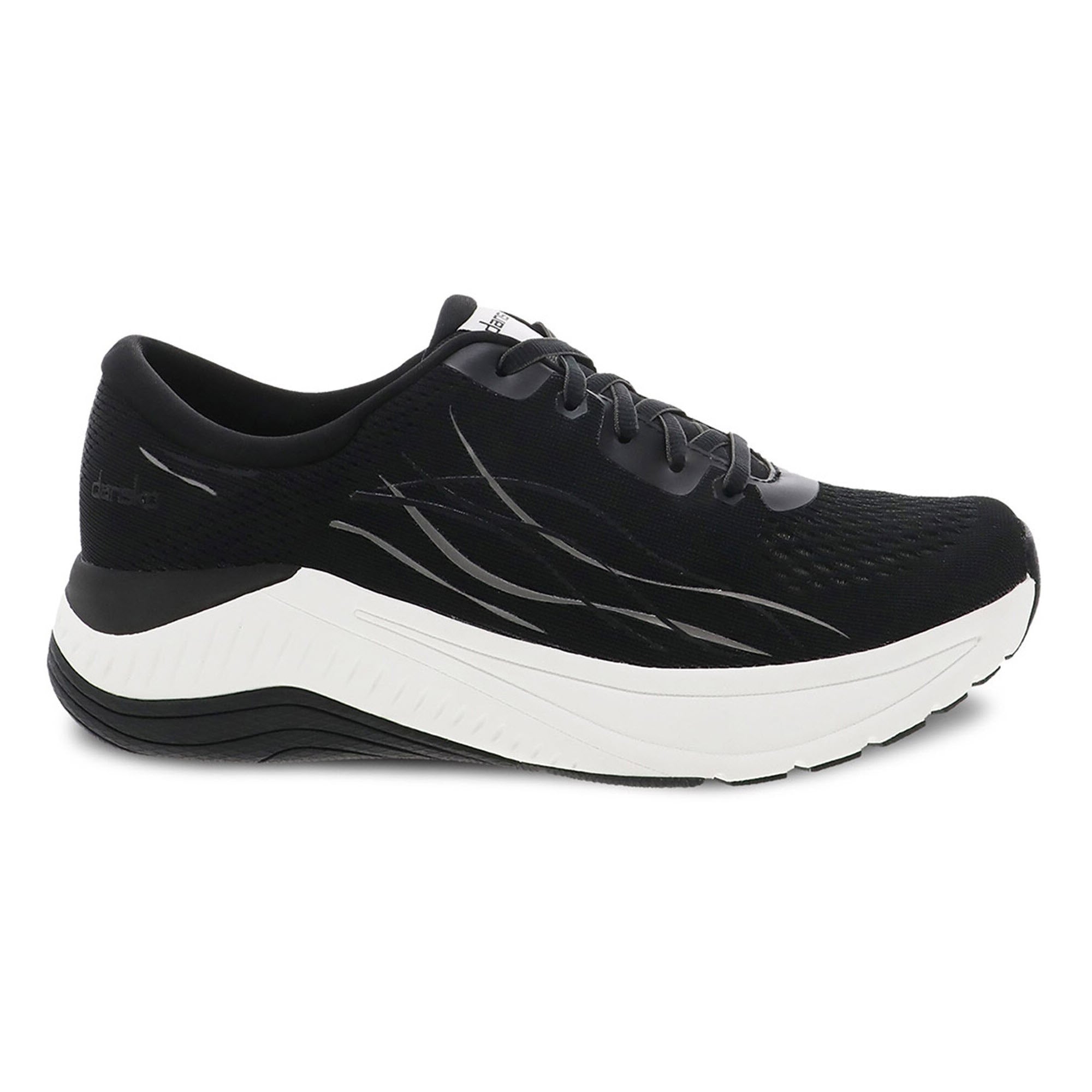 A single Dansko Pace Black Mesh walking shoe, in black and white, on a white background.