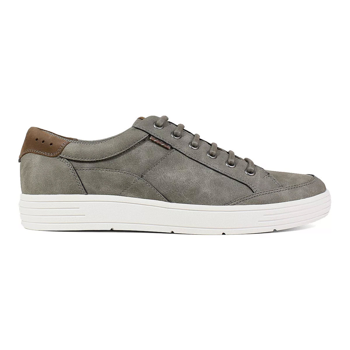 A single Nunn Bush Kore City Walk 2 Gray suede sneaker with white soles, brown leather detailing, and a Comfort Gel footbed.