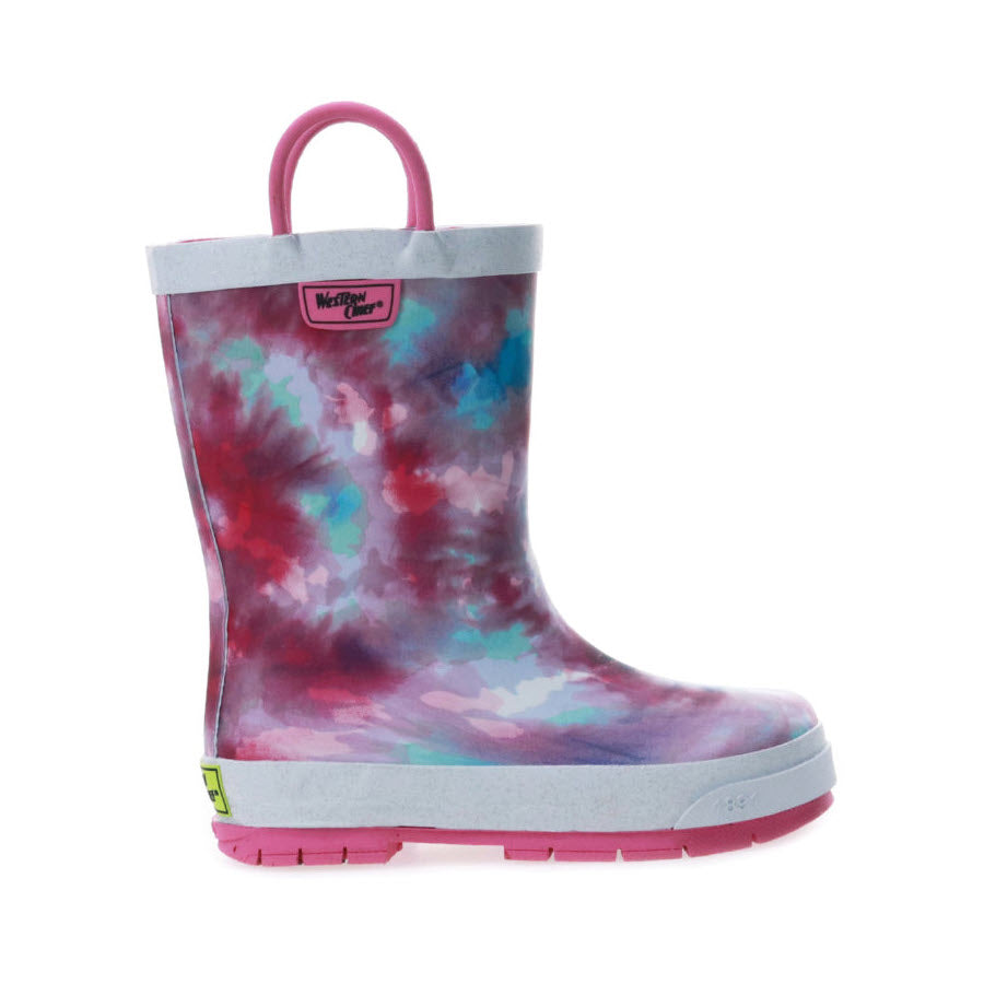 A children&#39;s Western Chief tie-dye, dinosaur printed rain boot with a pink handle and sole.